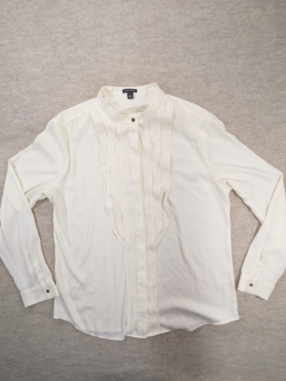 Ann Taylor Cream Off White Sheer Button Up Ruffle Front Blouse Romantic Shirt L